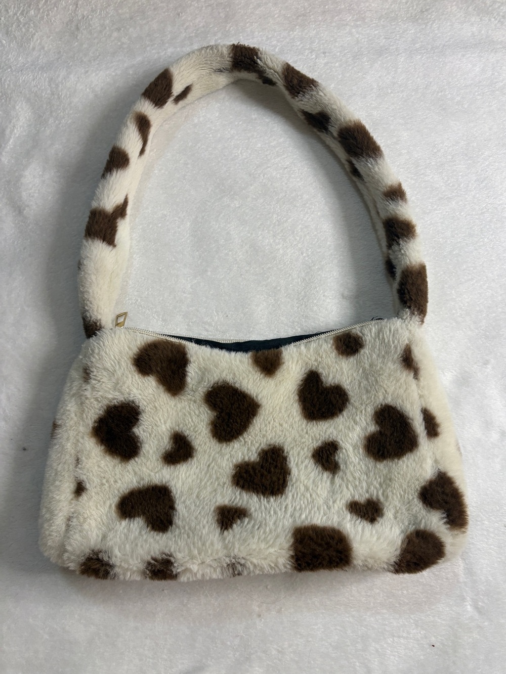 Faux Fur Heart Print Shoulder Bag - Cream & Brown